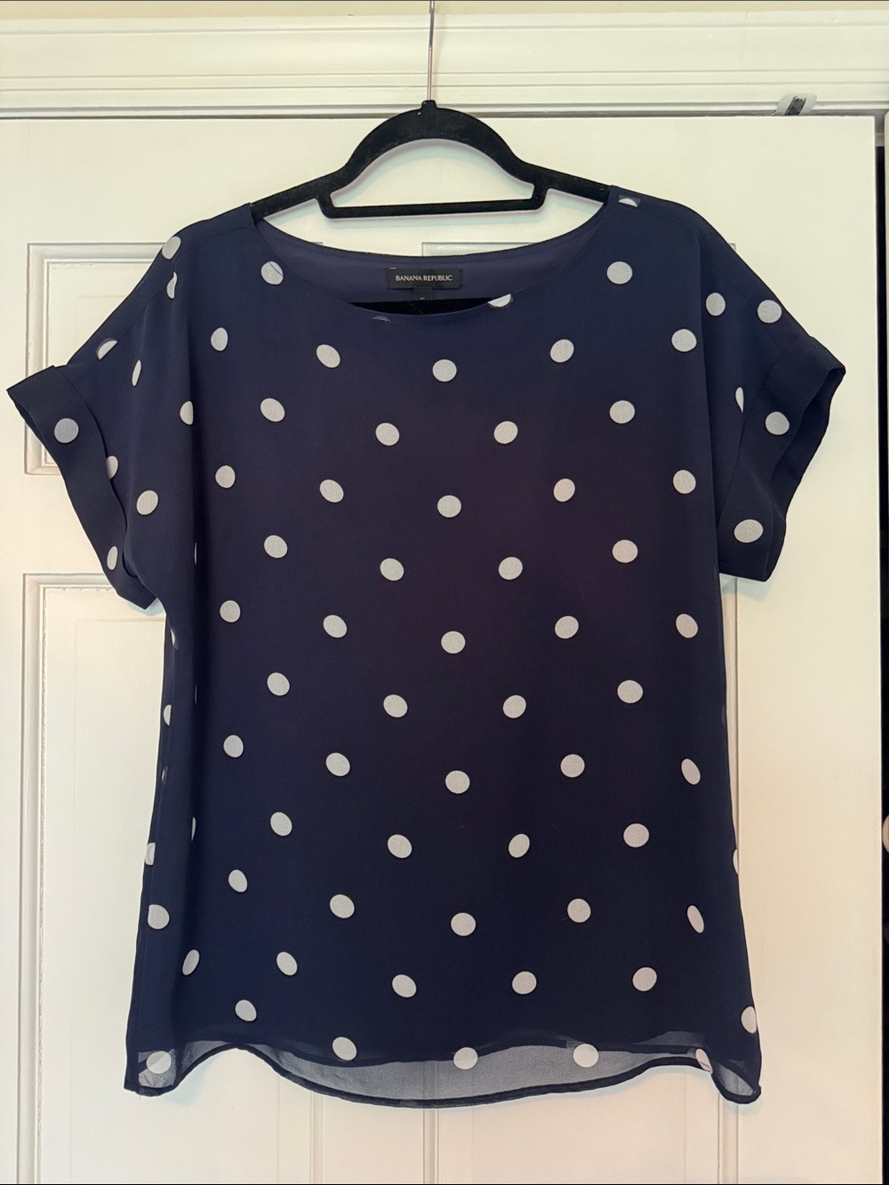 Banana Republic Navy and White Polka Dot Short Sleeve Blouse
